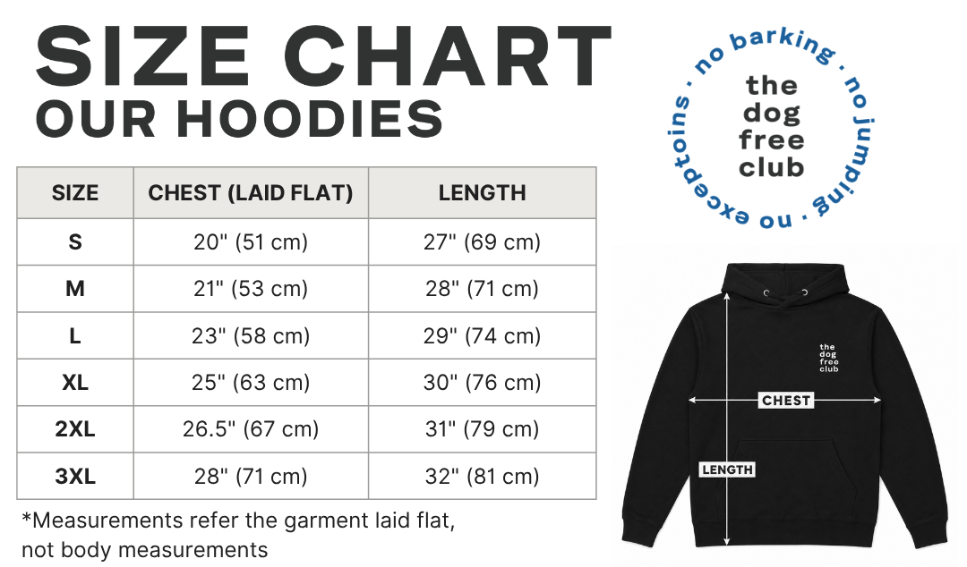 Size chart graphic for 'Our Hoodies' showing a size table with chest and length measurements for S through 3XL, alongside a black hoodie with measurement callouts and a circular 'the dog free club' logo on a white background.