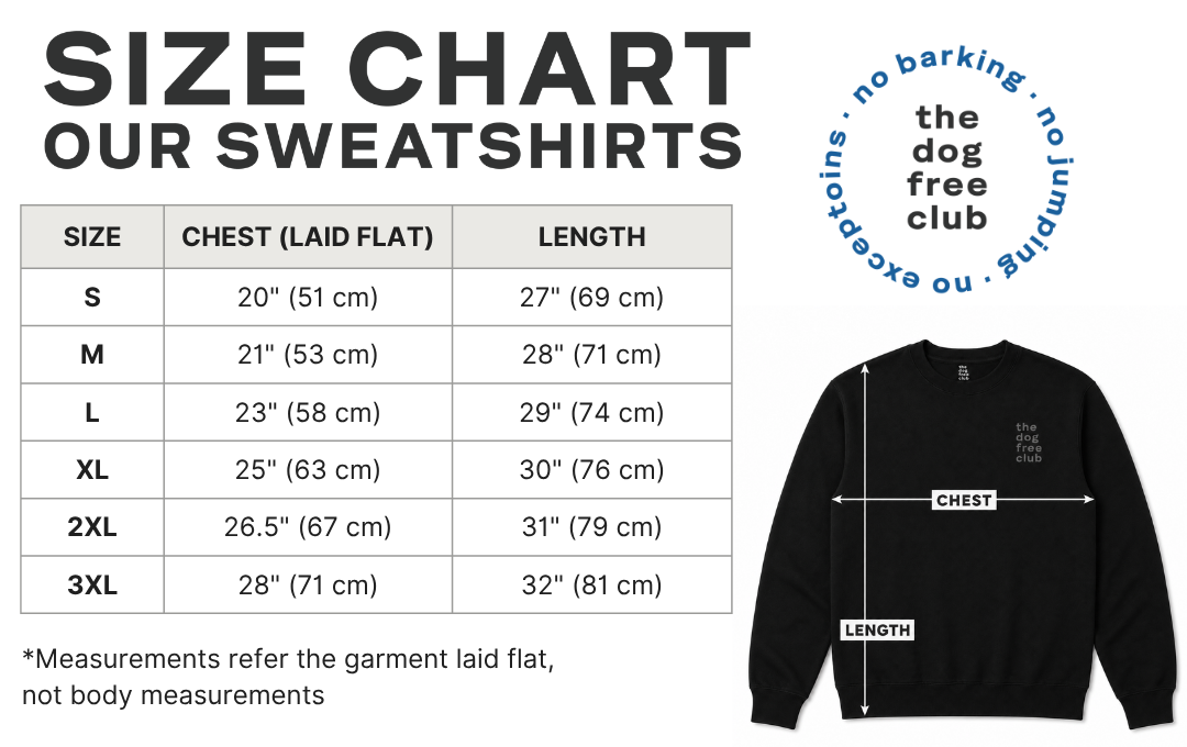 Size chart for dog sweatshirts showing a size table from S to 3XL with chest and length measurements, alongside a black sweatshirt with overlaid chest and length measurement lines and a blue circular badge reading 'the dog free club'.