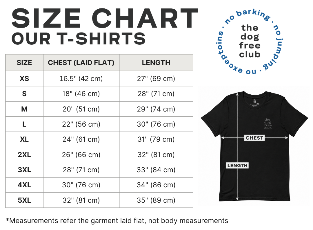Size chart table for dog t-shirts showing sizes XS through 5XL with chest and length measurements, alongside a black t-shirt graphic with labeled chest and length dimensions and a circular 'the dog free club' badge on a white background.